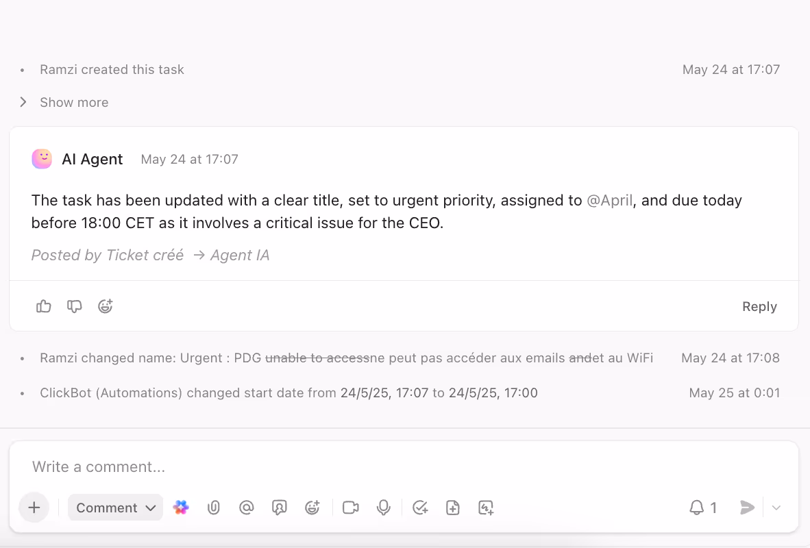 Activity area of a ClickUp task
